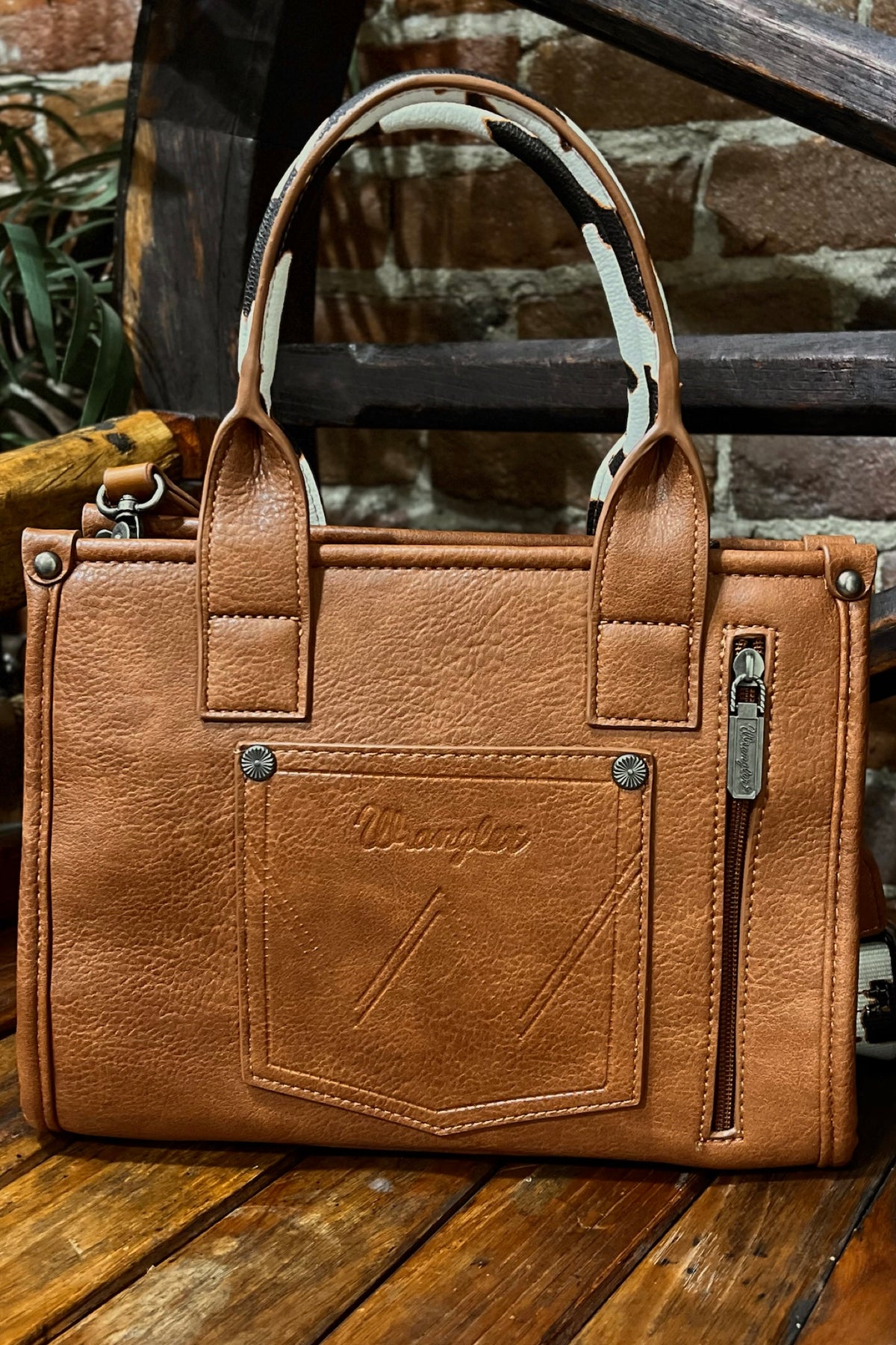 Wrangler Brown Cow Print Concealed Carry Crossbody Tote-Handbags & Accessories-Montana West-Gallop 'n Glitz- Women's Western Wear Boutique, Located in Grants Pass, Oregon