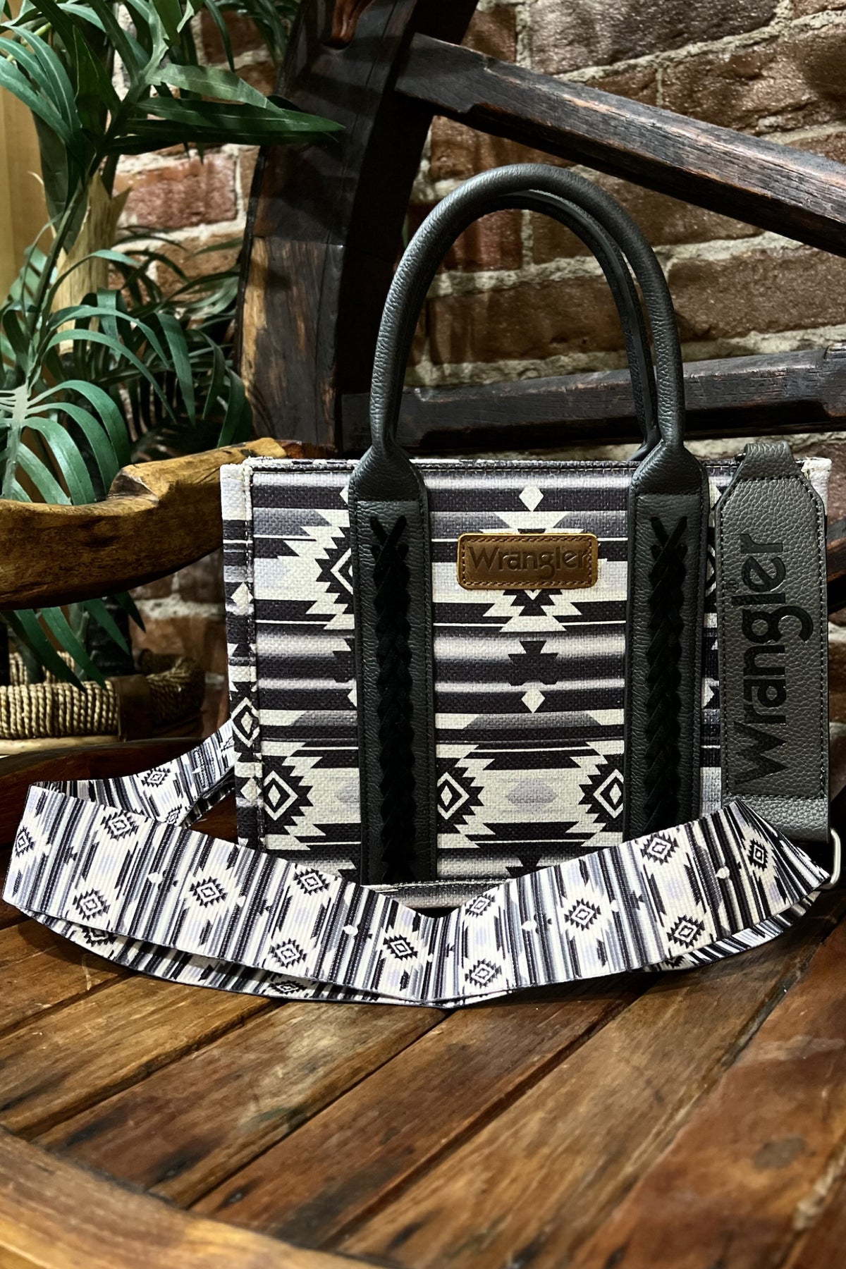 Wrangler Black Allover Aztec Dual Sided Print Crossbody Canvas Tote-Handbags & Accessories-Montana West-Gallop 'n Glitz- Women's Western Wear Boutique, Located in Grants Pass, Oregon
