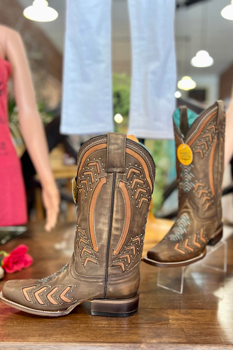 Corral Women's Arrow Inlay Embroidered Studded Square Toe Boot-Women's Boot-Corral Boots-Gallop 'n Glitz- Women's Western Wear Boutique, Located in Grants Pass, Oregon