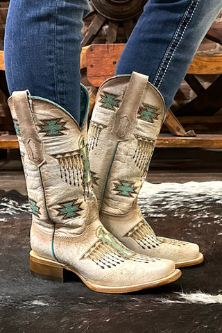 Ladies White w/Brown & Turquoise Embroidery Square Toe by Corral Boots-Women's Boot-Corral Boots-Gallop 'n Glitz- Women's Western Wear Boutique, Located in Grants Pass, Oregon