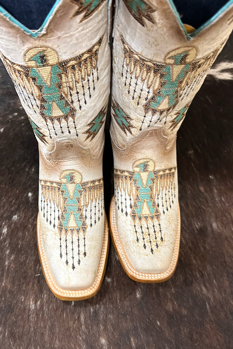 Ladies White w/Brown & Turquoise Embroidery Square Toe by Corral Boots-Women's Boot-Corral Boots-Gallop 'n Glitz- Women's Western Wear Boutique, Located in Grants Pass, Oregon