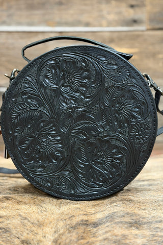 Black Leather Floral Tooled Canteen Bag