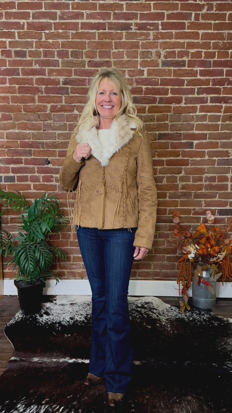 Faux Suede Light Brown Jacket with Fur Collar