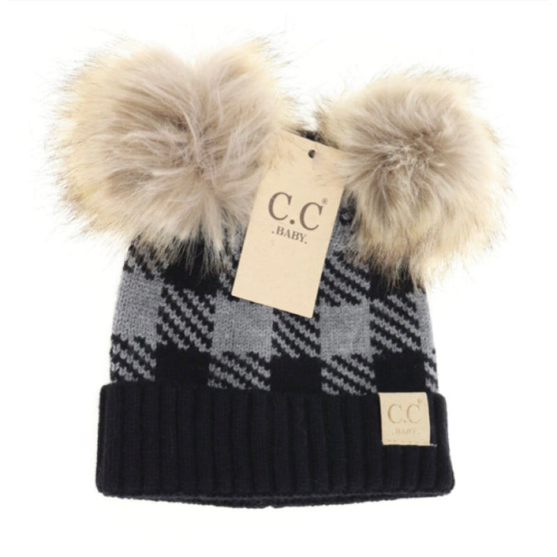 C.C. Baby Beanie Buffalo Check Double Pom **Multiple colors-Beanie/Scarf-C.C. Beanie-Gallop 'n Glitz- Women's Western Wear Boutique, Located in Grants Pass, Oregon