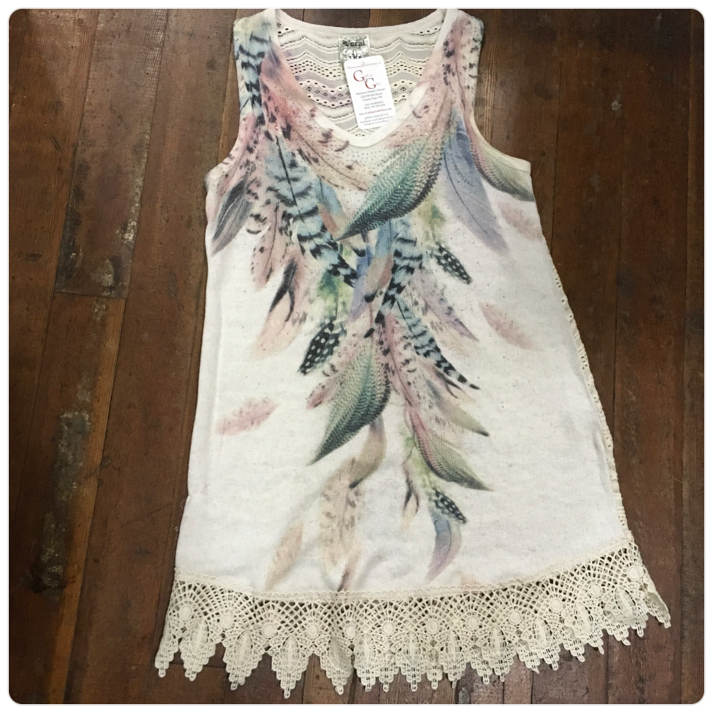 Beautiful Feather Print Top W/Lace Back and Trim-top-Vocal-Gallop 'n Glitz- Women's Western Wear Boutique, Located in Grants Pass, Oregon