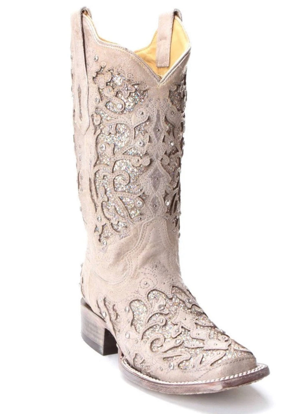 Corral Ladies White Glitter Inlay & Crystals Square Toe-Women's Boot-Corral Boots-Gallop 'n Glitz- Women's Western Wear Boutique, Located in Grants Pass, Oregon