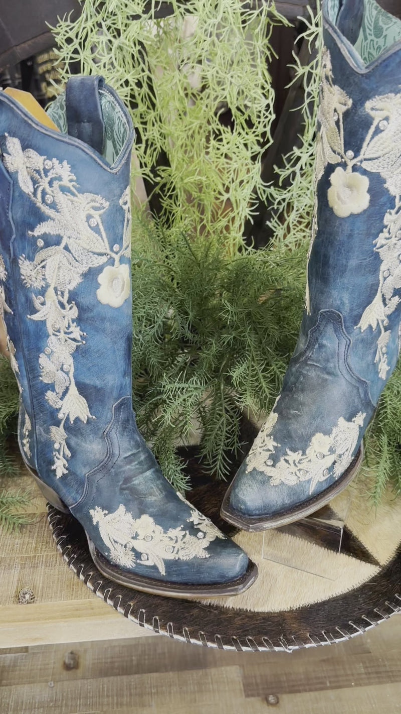 Floral & Navy Blue Snip Toe Boot by Corral Boots