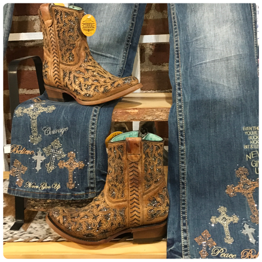 Ladies Sand Glitter Inlay & Embroidery Round Toe Ankle Boot-Ladies Boot-Corral Boots-Gallop 'n Glitz- Women's Western Wear Boutique, Located in Grants Pass, Oregon