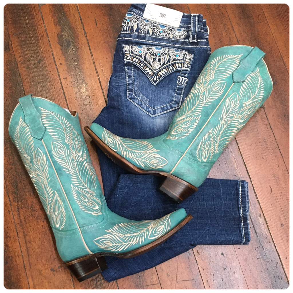 Ladies Turquoise Feather Embroidered Boots by Circle G-Ladies Boot-Corral Boots/Circle G by Corral Boots-Gallop 'n Glitz- Women's Western Wear Boutique, Located in Grants Pass, Oregon
