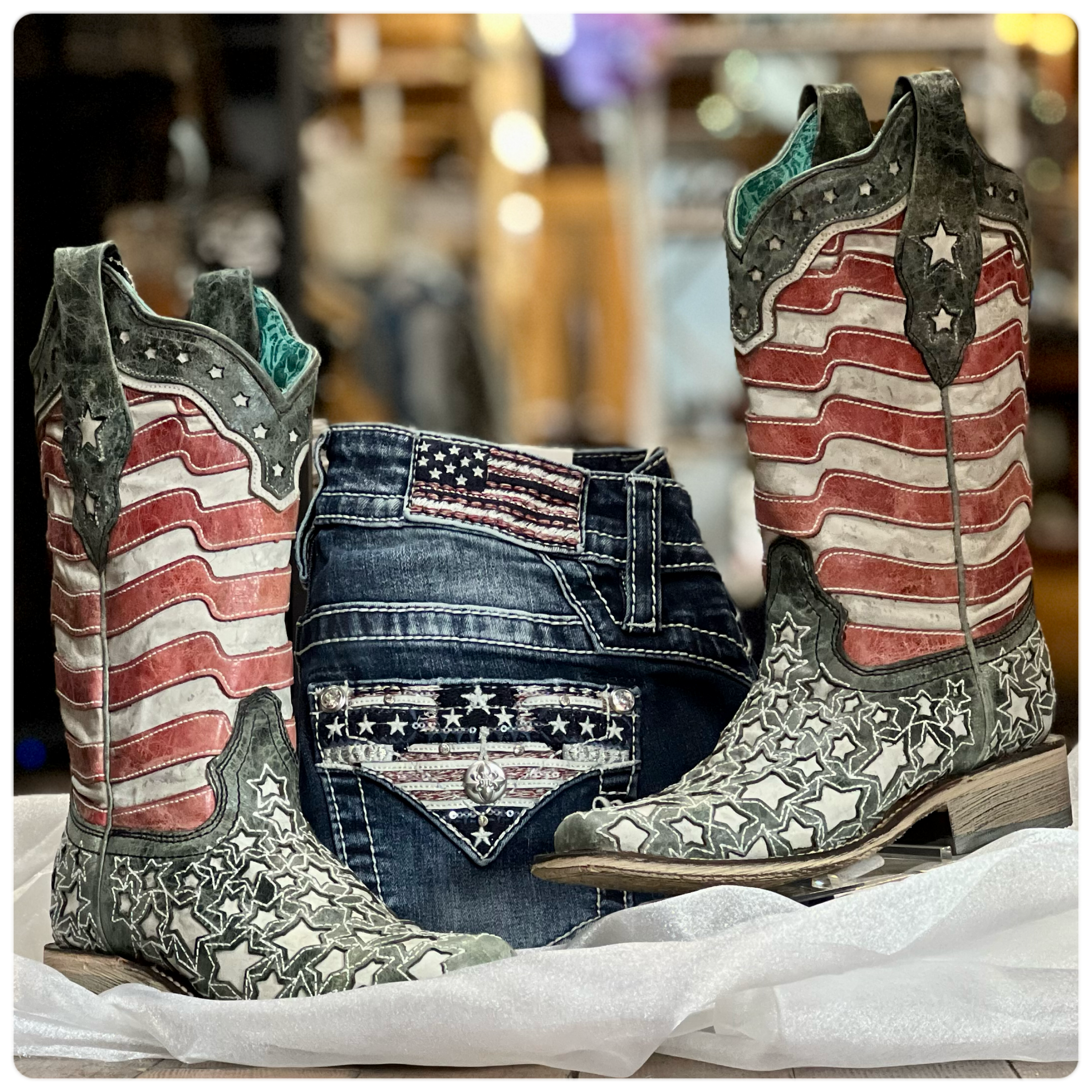 Corral West Blue Jean Stripes & Stars Glow in the Dark-Ladies Boot-Corral Boots/Circle G by Corral Boots-Gallop 'n Glitz- Women's Western Wear Boutique, Located in Grants Pass, Oregon