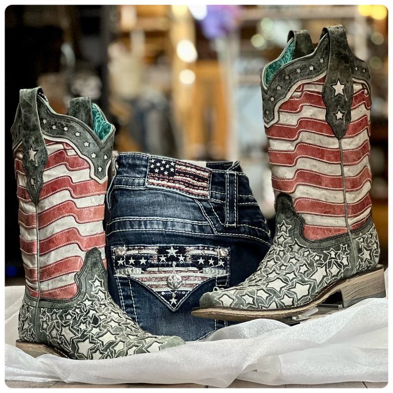 Corral West Blue Jean Stripes & Stars Glow in the Dark-Women's Boot-Corral Boots-Gallop 'n Glitz- Women's Western Wear Boutique, Located in Grants Pass, Oregon