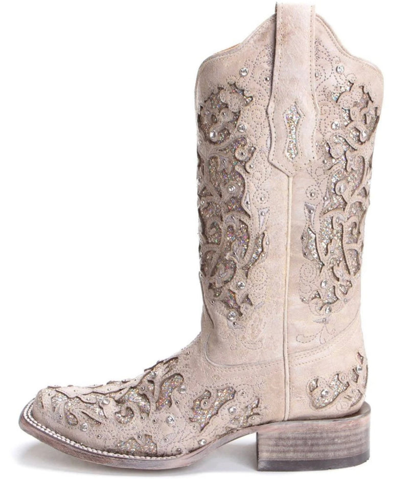 Corral Ladies White Glitter Inlay & Crystals Square Toe-Ladies Boot-Corral Boots-Gallop 'n Glitz- Women's Western Wear Boutique, Located in Grants Pass, Oregon