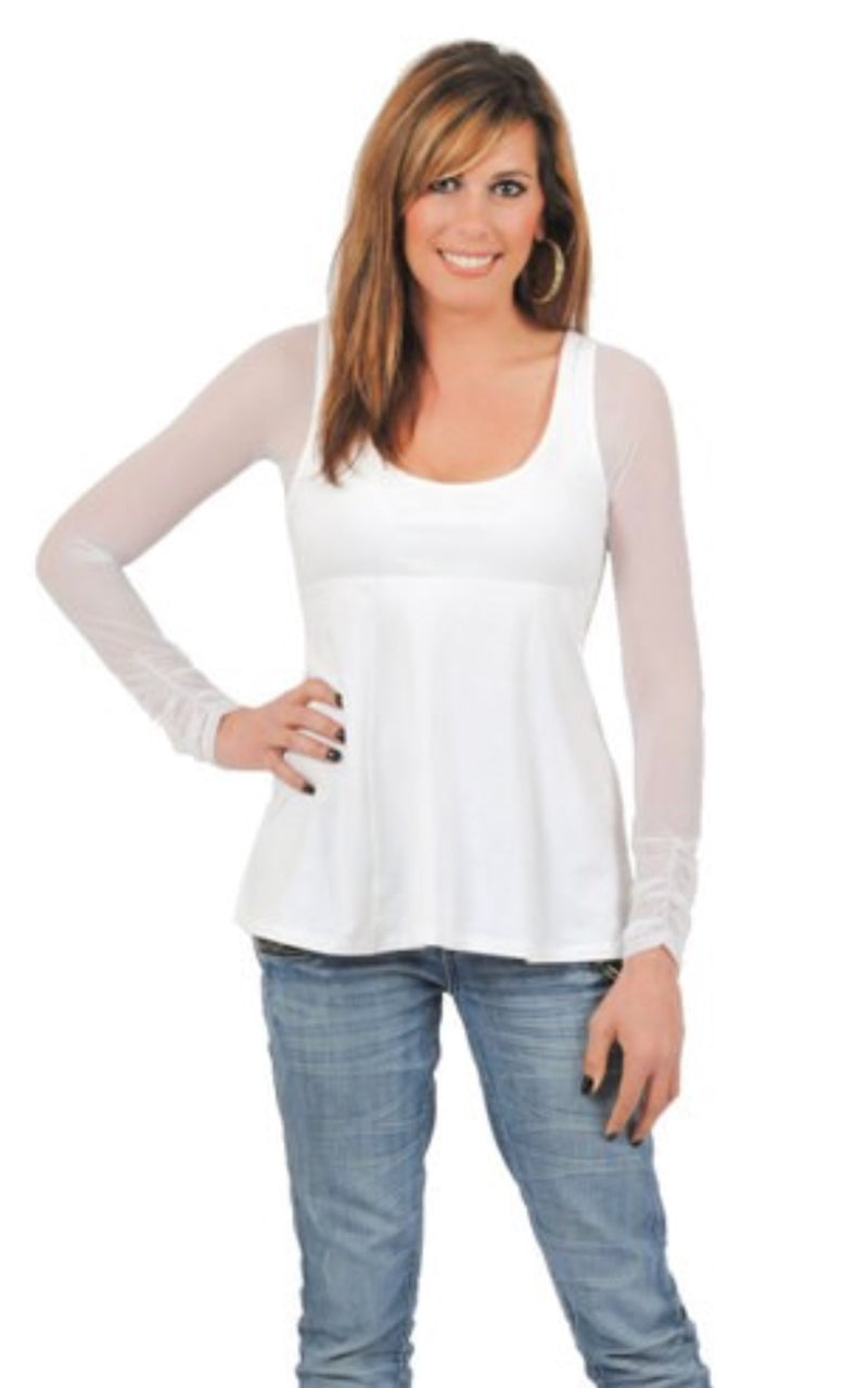 Sleevey Wonders White Shirred Long Sleeve Mesh Plus Size-top-Sleeve Wonders-Gallop 'n Glitz- Women's Western Wear Boutique, Located in Grants Pass, Oregon