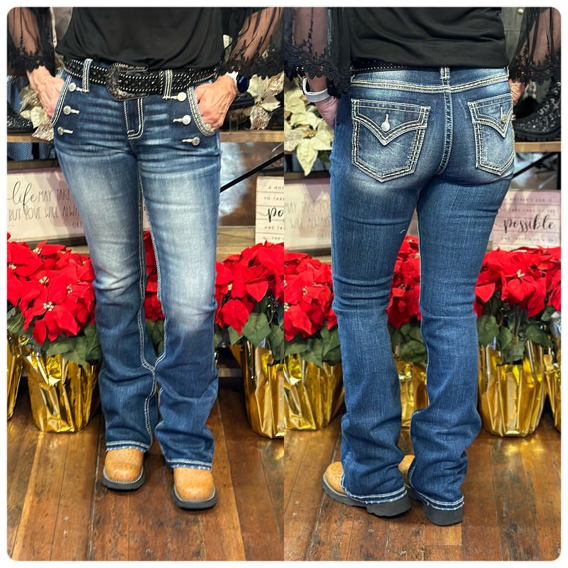 Miss Me Sailor Exposed Button Front Mid Rise Bootcut Jean-Bootcut-Miss Me-Gallop 'n Glitz- Women's Western Wear Boutique, Located in Grants Pass, Oregon